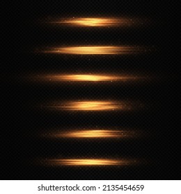 Golden horizontal lens flares pack. Laser beams, horizontal light rays. Exploding stars with scattered shining highlights.