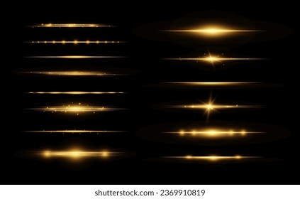 Golden horizontal lens flares pack. Vector set of lights, flashes, sparks, glare, laser beams, glitter, stars. Bright rays of light. Realistic shine effect. Shining borders for Christmas banner, web