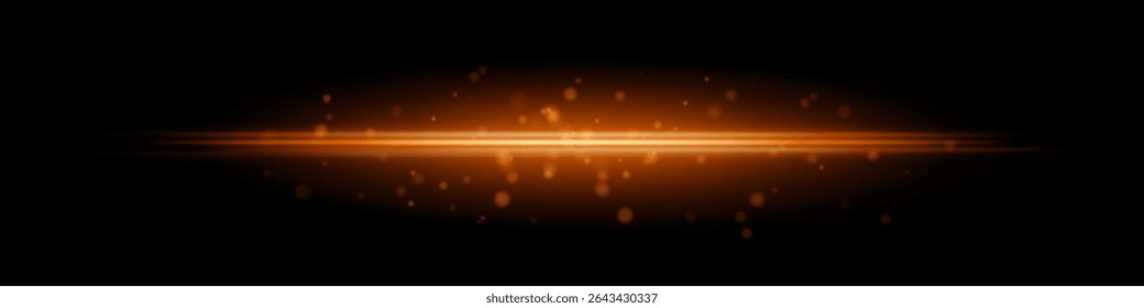 Golden horizontal light beam with glowing dust particles and radiant motion blur on black background. Perfect for fantasy transitions, luxury effects, or magical digital overlays.