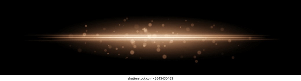 Golden horizontal light beam with glowing dust particles and radiant motion blur on black background. Perfect for fantasy transitions, luxury effects, or magical digital overlays.