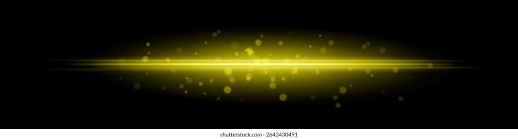 Golden horizontal light beam with glowing dust particles and radiant motion blur on black background. Perfect for fantasy transitions, luxury effects, or magical digital overlays.