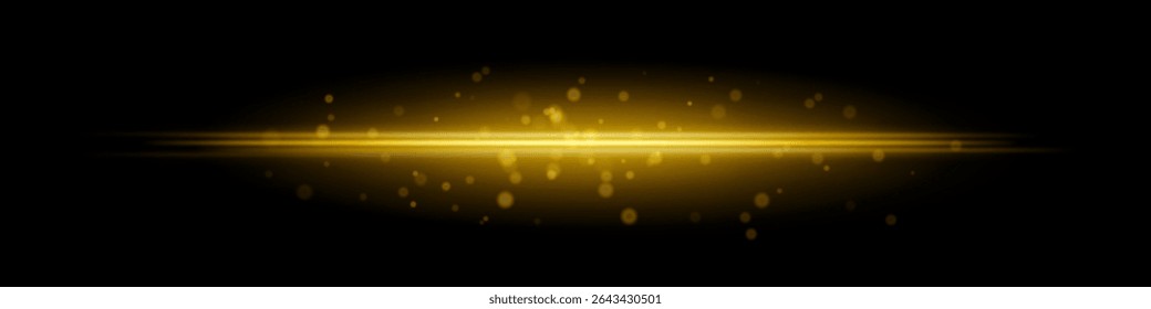 Golden horizontal light beam with glowing dust particles and radiant motion blur on black background. Perfect for fantasy transitions, luxury effects, or magical digital overlays.