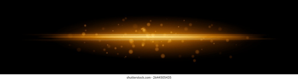 Golden horizontal light beam with glowing dust particles and radiant motion blur on black background. Perfect for fantasy transitions, luxury effects, or magical digital overlays.