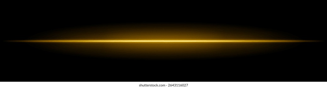Golden horizontal light beam. Sharp glowing laser line with radiant fade on both sides over dark background. Great for sci-fi, energy visuals, light effects, or futuristic transitions.