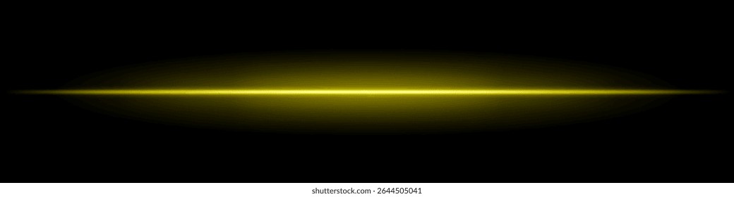 Golden horizontal light beam. Sharp glowing laser line with radiant fade on both sides over dark background. Great for sci-fi, energy visuals, light effects, or futuristic transitions.