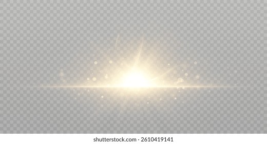 Golden horizontal light burst with glowing rays and sparkles on transparent background. Suitable for magic effects, cinematic transitions, energy visuals, or UI highlight overlays.

