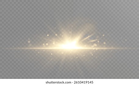 Golden horizontal light burst with glowing rays and sparkles on transparent background. Suitable for magic effects, cinematic transitions, energy visuals, or UI highlight overlays.

