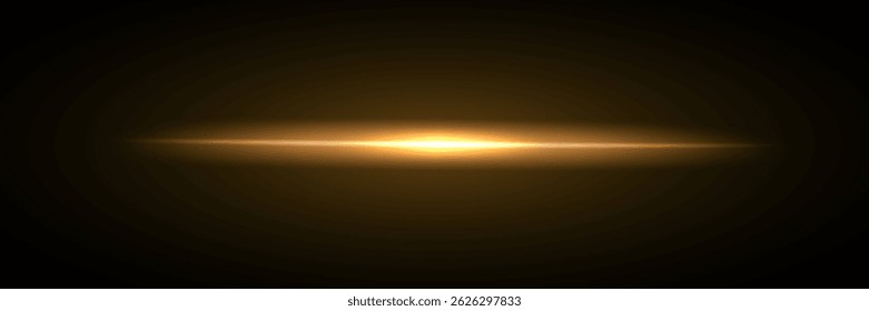 Golden horizontal light flare on dark background. Bright glowing burst with soft glow edges. Gold light effect for festive, magical, sci-fi themes. Abstract vector illustration.
