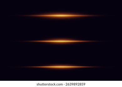 Golden horizontal light flashes. Neon laser beams effect.