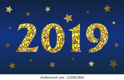 Golden horizontal mosaic inscription 2019 with golden mosaic stars on blue background - Vector greeting illustration