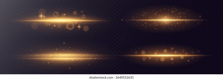 Golden horizontal stripes. Laser beams, horizontal light lines with small dust particles. Vector. EPS 10.