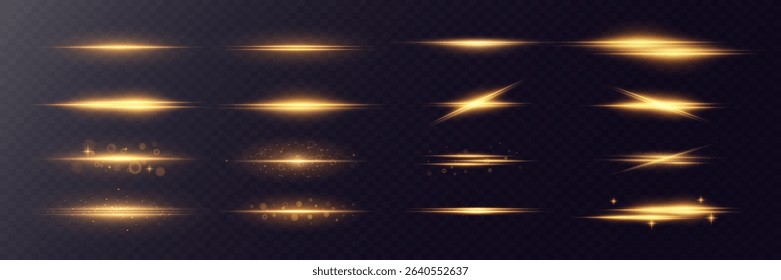 Golden horizontal stripes. Laser beams, horizontal light lines with small dust particles. Vector. EPS 10.