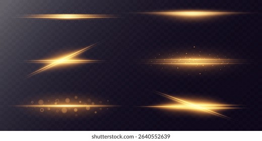 Golden horizontal stripes. Laser beams, horizontal light lines with small dust particles. Vector. EPS 10.