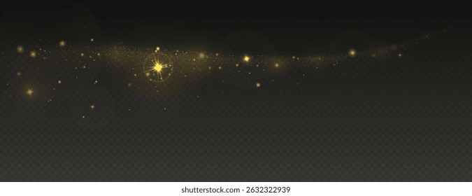 Golden horizontal wave dust trail with stars, scattering glitter, shimmering particles on dark background. Vector illustration.