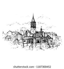 Golden Horn, Istanbul, Turkey.Sketch  Galata Tower and Karakoy quarter the street in the Old Town of Istanbul.Vector sketchy illustration for print, card, poster design.