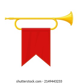 Golden horn trumpet musical instrument isolated on white background. Royal fanfare with triumphant flag for play music. Vector illustration