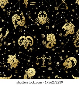 Golden horoscope. Zodiac signs. Seamless vector pattern on a black background.