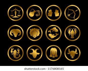 Golden horoscope zodiac vector signs. Astrology symbols set isolated on black background illustration