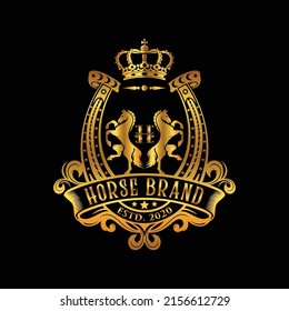 Golden Horse Crest or Emblem Logo. Heraldic logo template. Luxury design concept.