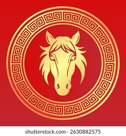 Golden Horse Head Illustration - Chinese New Year Symbol in Traditional Frame. Zodiac Animal on Red Background. Festive Design.
