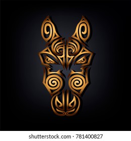 Golden Horse head isolated on black background. Stylized Maori face tattoo. Golden Horse mask. Symbol of Chinese Horoscope by years. Vector illustration.