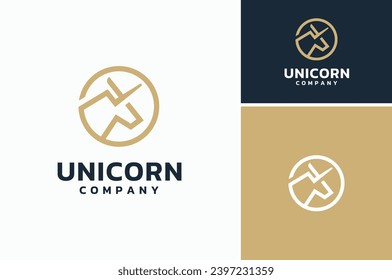 Golden Horse with Horn like Unicorn Head Badge Emblem Logo Design