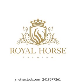 Diseño del logo del Caballo de Oro. Elegante y lujoso concepto de logotipo de caballo. Plantilla de logotipo del vector. logotipo de vectores premium de lujo con dorado