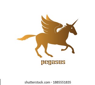 Golden horse logo with wing standing pegasus stallion unicorn icon vector. Isolated on white.