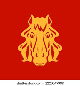 Golden horse muzzle with mane Chinese New Year monochrome icon vector flat illustration. Mustang pony farm animal head Asian prosperity culture folk lucky fortune minimalist emblem logo design