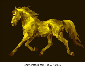 Golden horse, running pony drawn in polygonal style, monochrome isolated image on a black background