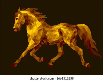 Golden horse, running pony drawn in polygonal style, monochrome isolated image on a black background