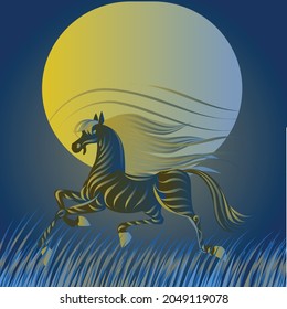 golden horse runs across the field at night with a full moon