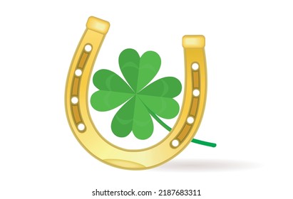 Golden  Horse Shoe And Four Leaf Clover. Isolated On White Background. Vector Illustration.