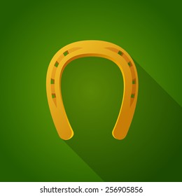 Golden horse shoe on green background. Vector