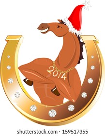 Golden horseshoe and athletic horse in Christmas hat