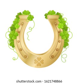 Golden horseshoe with clover icon. Good Luck, fortune symbol. Happy Saint Patrick's day concept. Vector image isolated on a white background