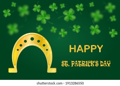 Golden horseshoe and clover on green background. Happy St. Patrick's Day banner with golden horseshoe and shamrock clover leaf on green blur backdrop. Irish symbols of the holiday. Vector illustration