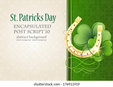 Golden horseshoe and clover on vintage green and beige background. St. Patrick's Day symbol