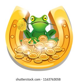 Golden horseshoe, coins and a frog with a flower in his mouth isolated on white background. Vector cartoon close-up illustration.