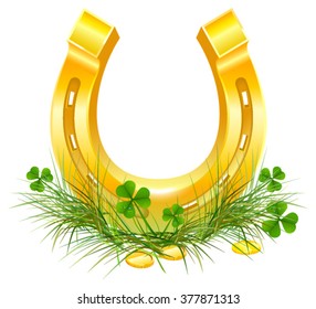 Golden Horseshoe and coins on grass clover. Patricks Day symbols. Isolated white illustration