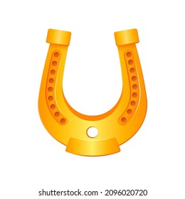 Golden horseshoe. Curved symbol of good luck with embossed decorative holes interior decoration element and attribute for hooves of cattle vector.