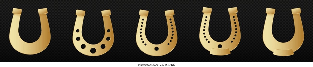 Golden horseshoe. Curved symbol of good luck with embossed decorative holes interior decoration element and attribute for hooves of cattle vector.