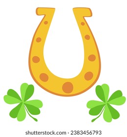 Golden horseshoe for good luck and clover. flat cartoon style. vector design