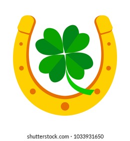 Golden horseshoe and green four leaf clover. Lucky symbol. Vector illustration.