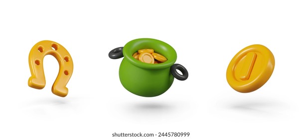 Golden horseshoe, green leprechaun cauldron with treasure, coin