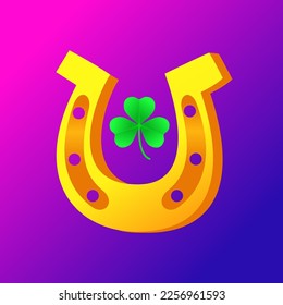Golden horseshoe with green three-leaf clover. Sign of good luck, wealth or success. St Patrick's day symbol, leprechaun leaf, celebration of the Irish holiday. Clip art. Vector illustration