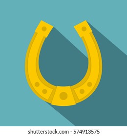 Golden horseshoe icon. Flat illustration of golden horseshoe vector icon for web   on baby blue background