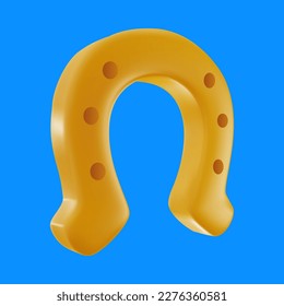 Golden horseshoe isolated on colorful background. 3d cartoon vivid illustration in realistic minimal style. Bright modern vector graphic element.