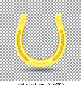 Golden Horseshoe Isolated on Transparent Backdrop. Realistic Good Luck Symbol. Vector Illustration with Icon of St. Patric's Day.