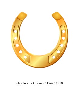 Golden horseshoe, lucky St. Patricks day symbol. Good luck sign, vector illustration isolated on white background.